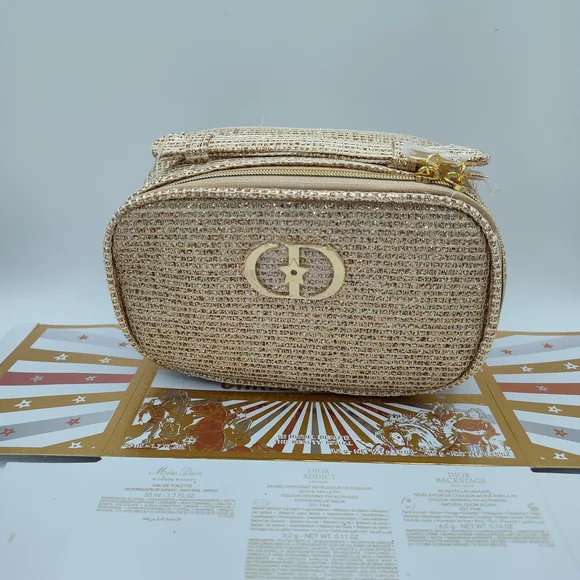 Christian Dior Platinum Beauty GWP Gold Tweed Cosmetic Vanity Pouch NIB - Picture 6 of 11